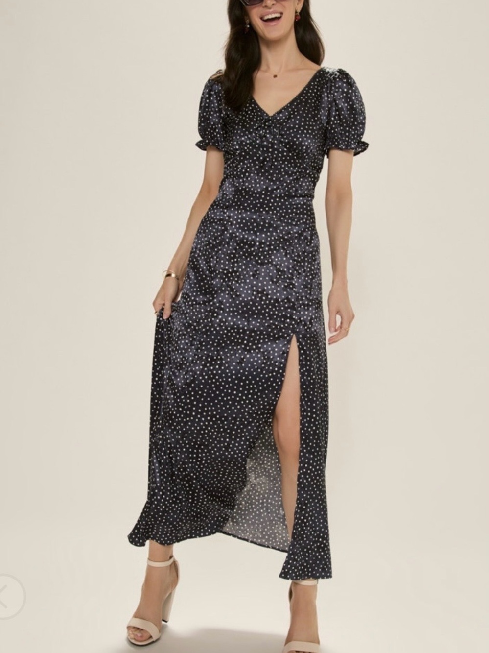 Francesca's Collections Navy Polka Dot Puff-Sleeve Maxi Dress